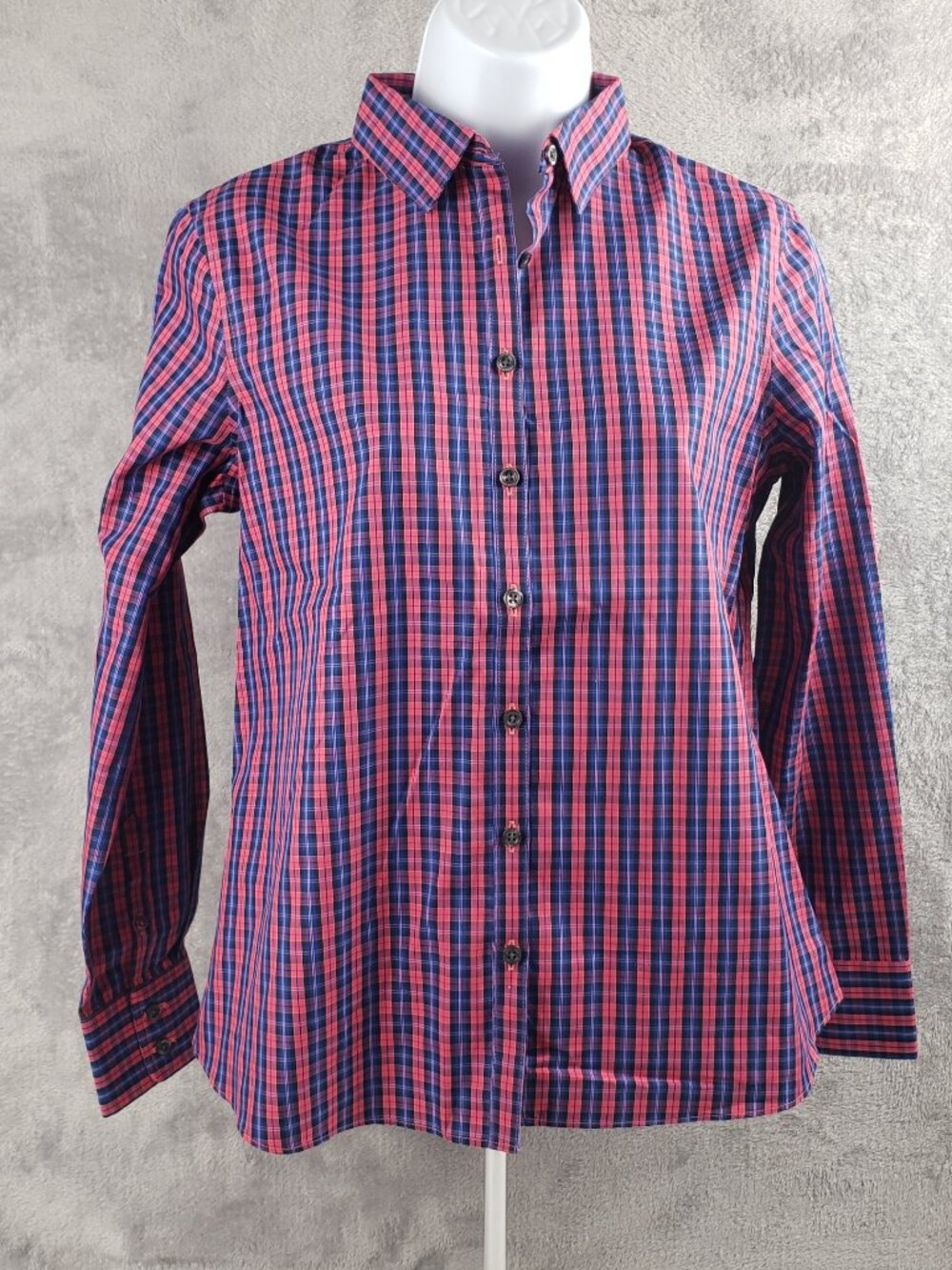 Lands End 4P Pink Blue Plaid Womens Dress Shirt Top Non Iron Petite Long Sleeve